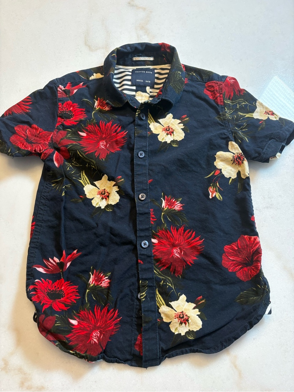 Cactus Navy Blue Short Sleeve Button-Down Shirt with Red & Cream Floral Print